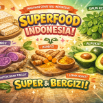 ilustrasi super food indonesia tempe daun kelor ubi ungu dan alpukat