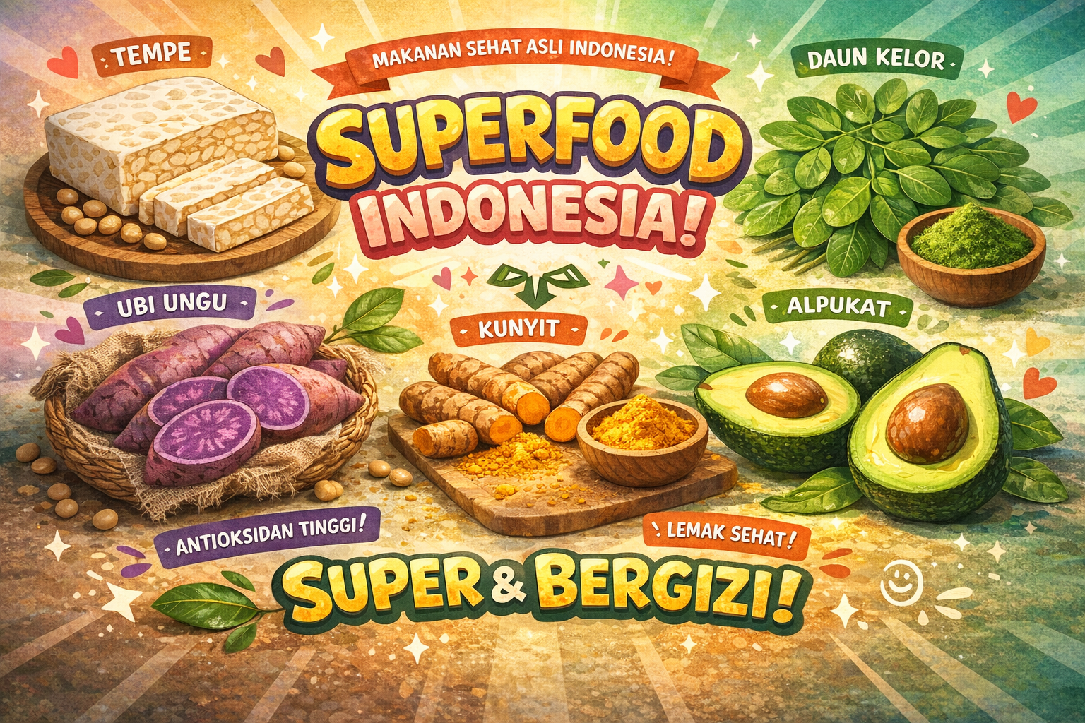 ilustrasi super food indonesia tempe daun kelor ubi ungu dan alpukat