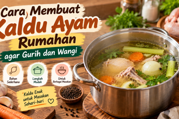 Alt text: `Cara membuat kaldu ayam rumahan yang gurih dan wangi dengan ayam, wortel, bawang, dan seledri`