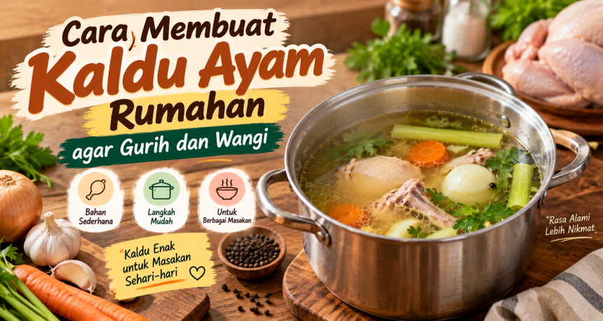 Alt text: `Cara membuat kaldu ayam rumahan yang gurih dan wangi dengan ayam, wortel, bawang, dan seledri`