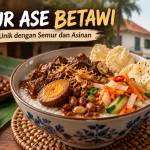 Bubur Ase Betawi dengan semur, asinan, kerupuk, dan pelengkap khas untuk sarapan tradisional