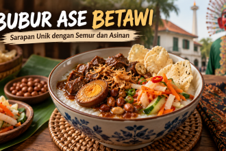 Bubur Ase Betawi dengan semur, asinan, kerupuk, dan pelengkap khas untuk sarapan tradisional