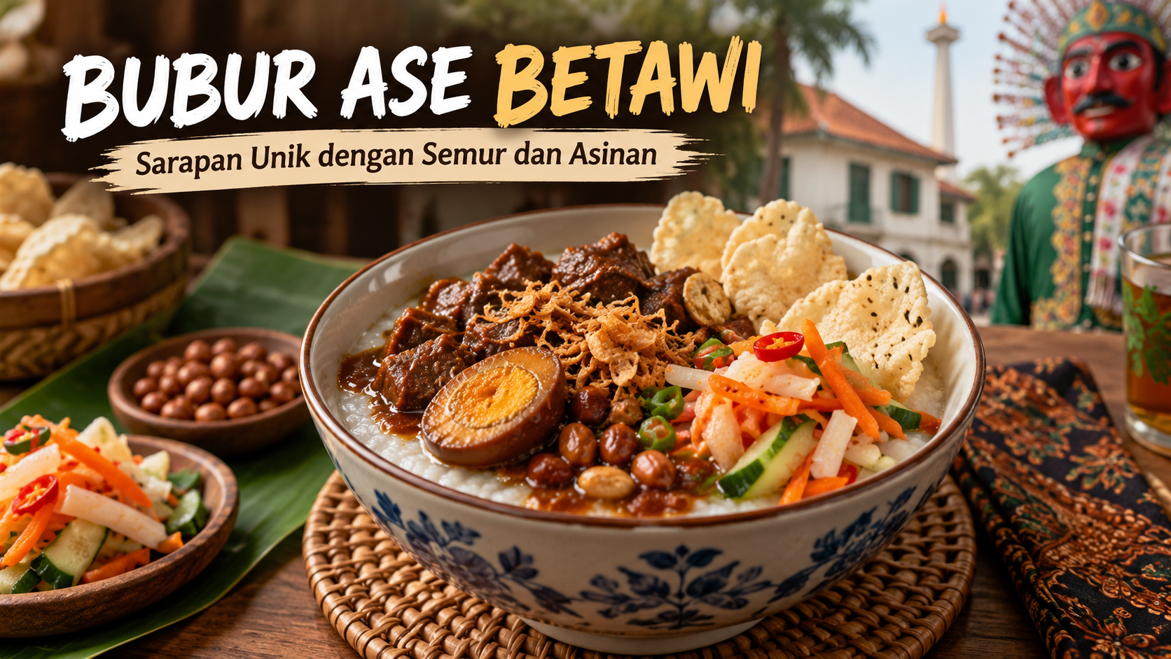 Bubur Ase Betawi dengan semur, asinan, kerupuk, dan pelengkap khas untuk sarapan tradisional